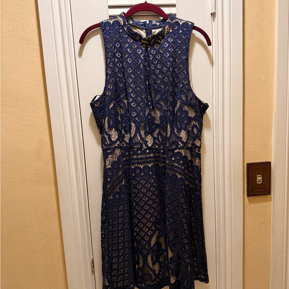 Love Fire Blue Sheath Midi Dress Mock Neck Sleeveless